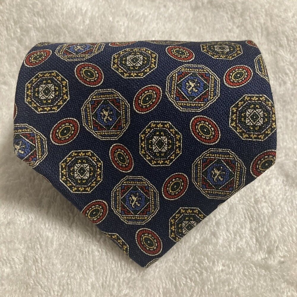Tommy Hilfiger Geometric Multicolored Design Tie 100% Italian Silk Made In USA